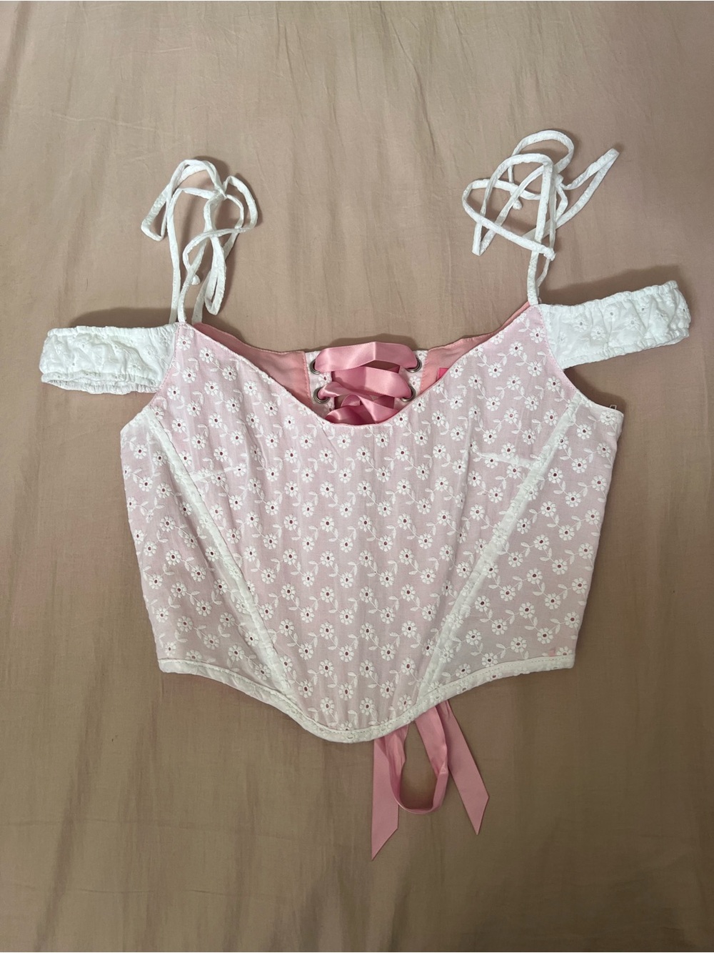Sugar Thrillz Pink Eyelet Lace Corset Top with White Off-Shoulder Straps